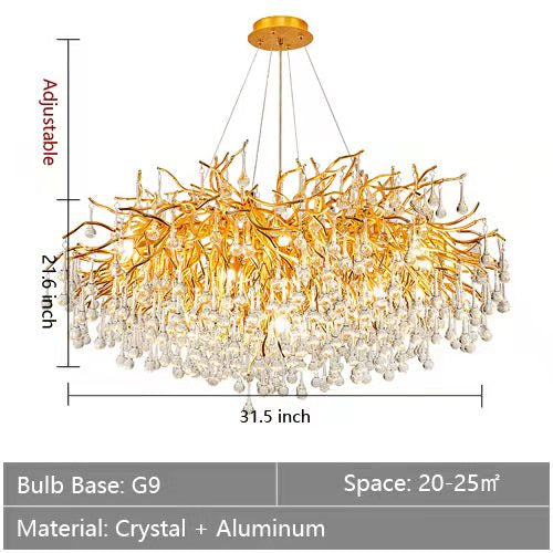 Stunning Tree Branch Crystal Chandelier with Clear Teardrop-shaped for Living/Dining Room-Chandeliers-Round D31.5”*H21.7”/10 Lights-Gold-White Light-Arialamps