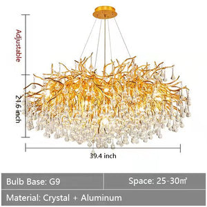 Stunning Tree Branch Crystal Chandelier with Clear Teardrop-shaped for Living/Dining Room-Chandeliers-Round D39.4”*H21.7”/ 13 Lights-Gold-Warm Light-Arialamps
