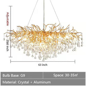 Stunning Tree Branch Crystal Chandelier with Clear Teardrop-shaped for Living/Dining Room-Chandeliers-Rectangle L63”*W25.6”*H25.6”/15 Lights-Gold-Warm Light-Arialamps