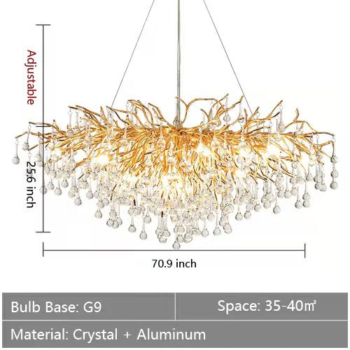 Stunning Tree Branch Crystal Chandelier with Clear Teardrop-shaped for Living/Dining Room-Chandeliers-Rectangle L70.9”*W25.6”*H25.6”/18 Lights-Gold-Warm Light-Arialamps