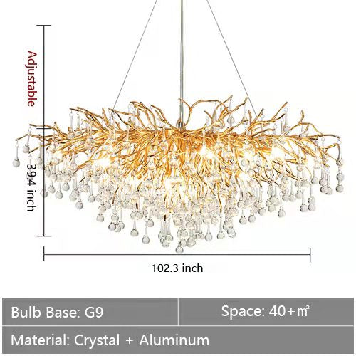 Stunning Tree Branch Crystal Chandelier with Clear Teardrop-shaped for Living/Dining Room-Chandeliers-Rectangle L102.4”*W39.4”*H25.6”/25 Lights-Gold-Warm Light-Arialamps