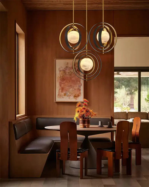 White Alabaster Round Ceiling Pendant Lamp - Gold & Bronze Rotatable Ring - Arialamps