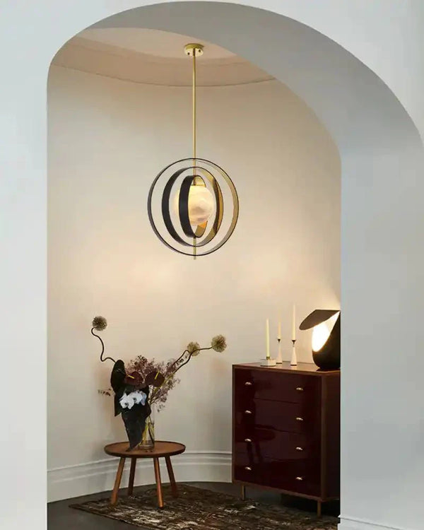 White Alabaster Round Ceiling Pendant Lamp - Gold & Bronze Rotatable Ring - Arialamps