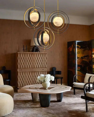 White Alabaster Round Ceiling Pendant Lamp - Gold & Bronze Rotatable Ring - Arialamps