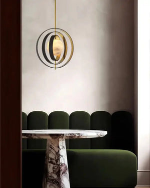 White Alabaster Round Ceiling Pendant Lamp - Gold & Bronze Rotatable Ring - Arialamps