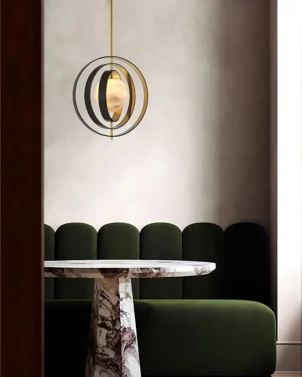 White Alabaster Round Ceiling Pendant Lamp - Gold & Bronze Rotatable Ring - Arialamps