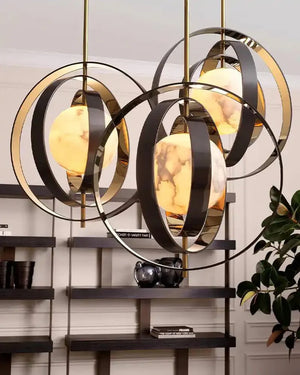 White Alabaster Round Ceiling Pendant Lamp - Gold & Bronze Rotatable Ring - Arialamps