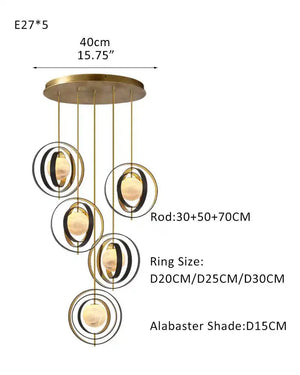 White Alabaster Round Ceiling Pendant Lamp - Gold & Bronze Rotatable Ring - Arialamps
