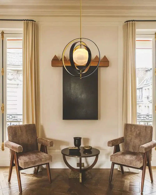 White Alabaster Round Ceiling Pendant Lamp - Gold & Bronze Rotatable Ring - Arialamps